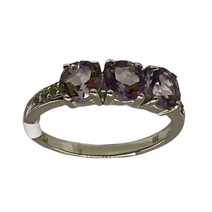 Amethyst Topaz Ring Three-Stone Round Cut Rhodium Sterling Silver Purple W 7 NWT